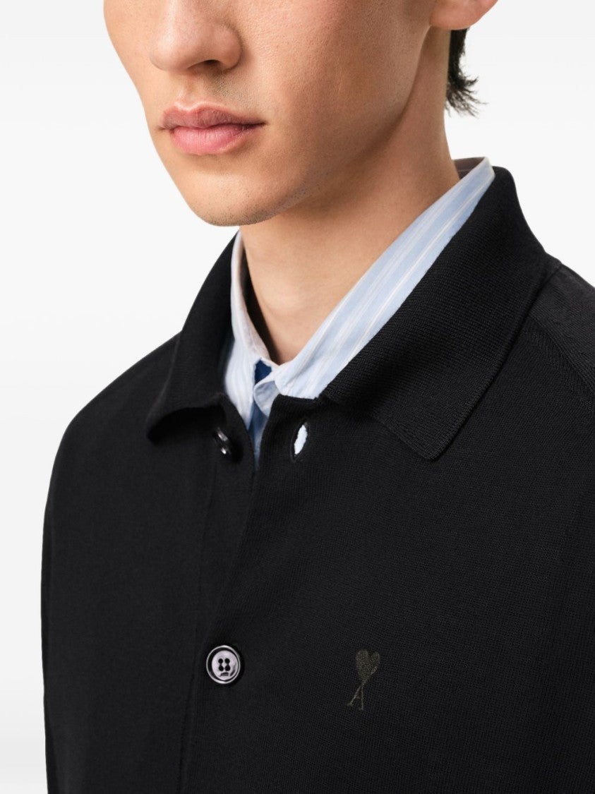 Ami Paris Black Polo Collar Embroidered Knit Sweater