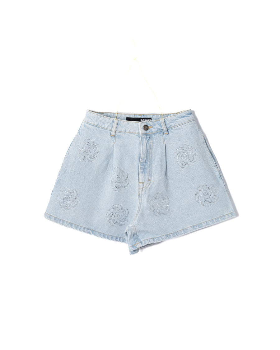 Rotate High-Waisted Denim Stud Shorts In Light Blue