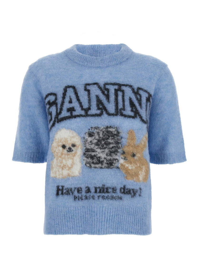 Ganni Light Blue Crewneck T-Shirt