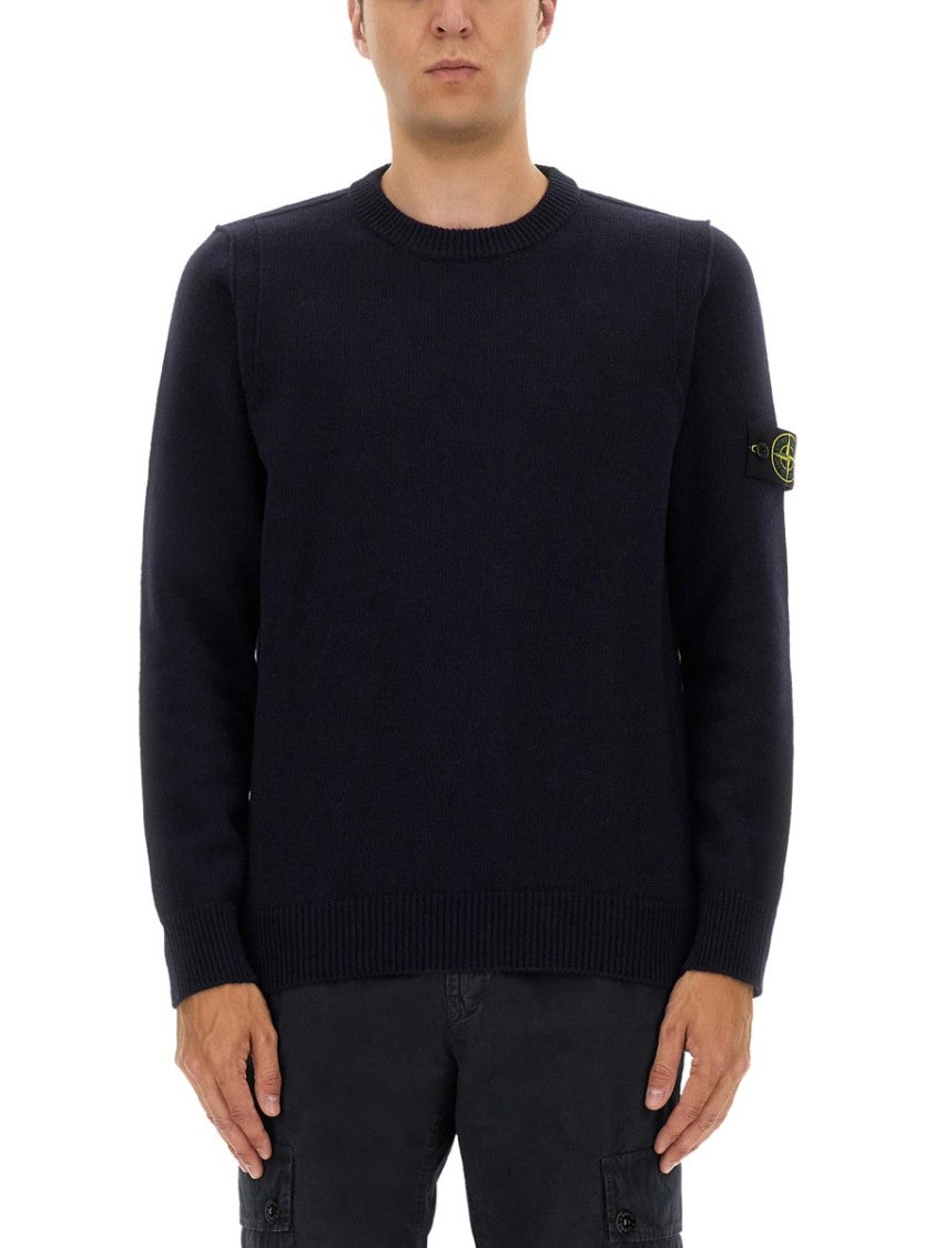 Stone Island Fitted Black Wool Jersey With Crew Neckline