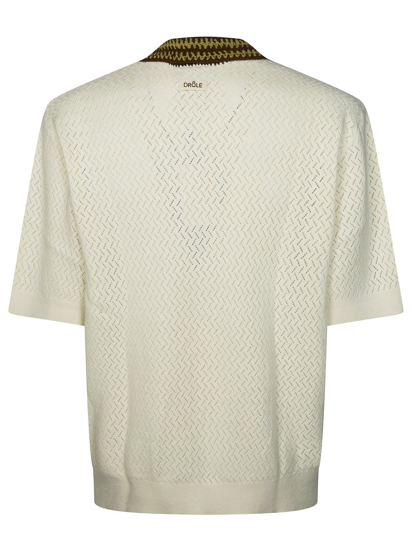 Drôle De Monsieur White Open Knit Striped Polo Shirt