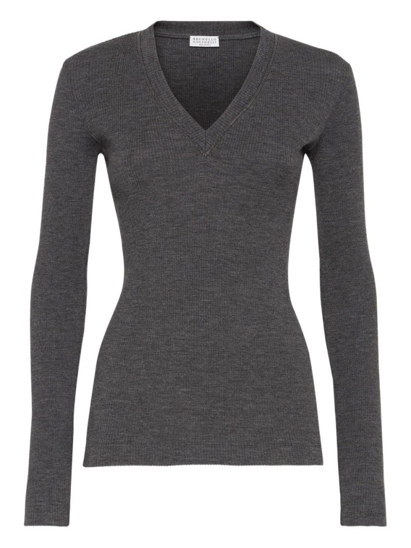 Brunello Cucinelli Fitted Long-Sleeve Sweater With Deep V-Neckline