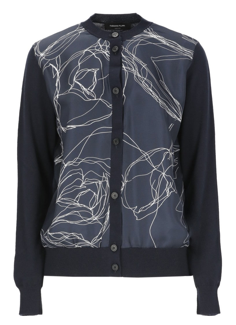 Fabiana Filippi Round Neck Cardigan With Silk Pattern And Ribbed Trims