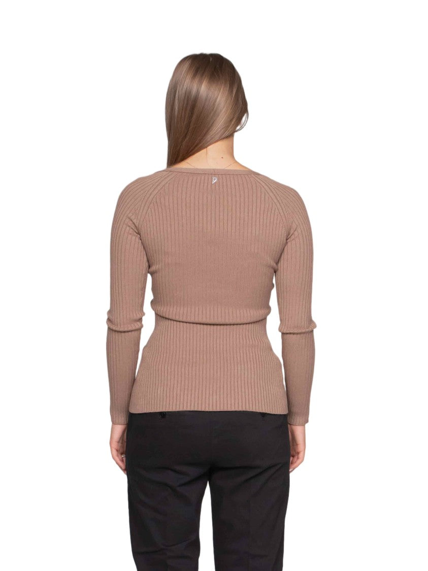 Dondup Fitted Ribbed Knit Top With Asymmetrical Hem And Deep V-Neckline