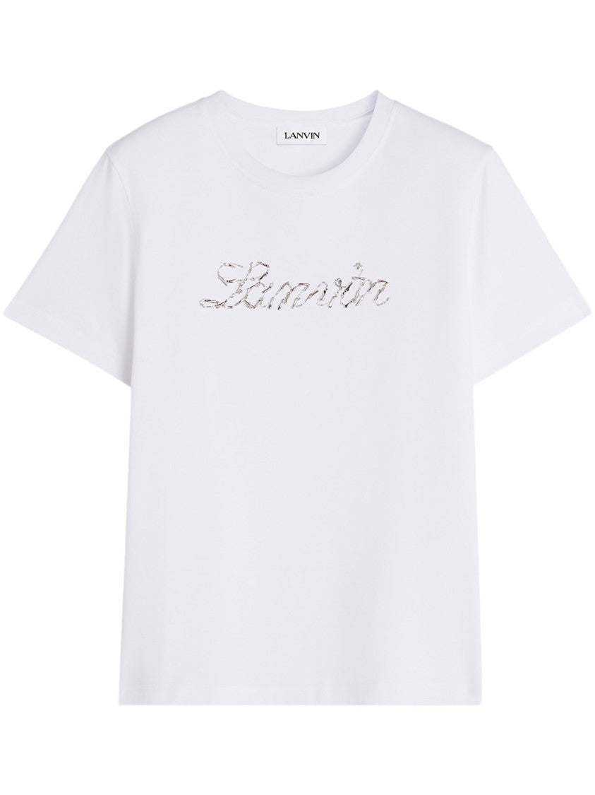 Lanvin White Embroidered Script Logo Sequin T-Shirt