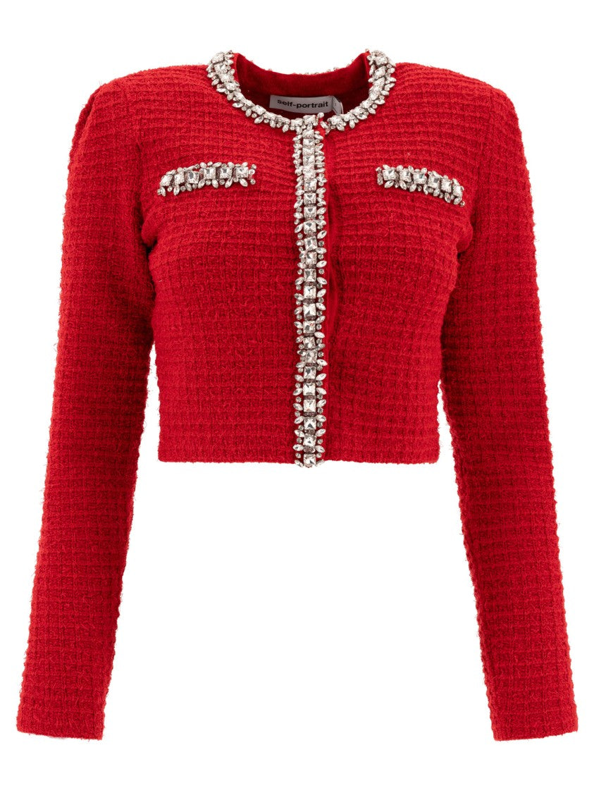 Self-Portrait Cropped Textured Knitwear With Crystal Embellishments