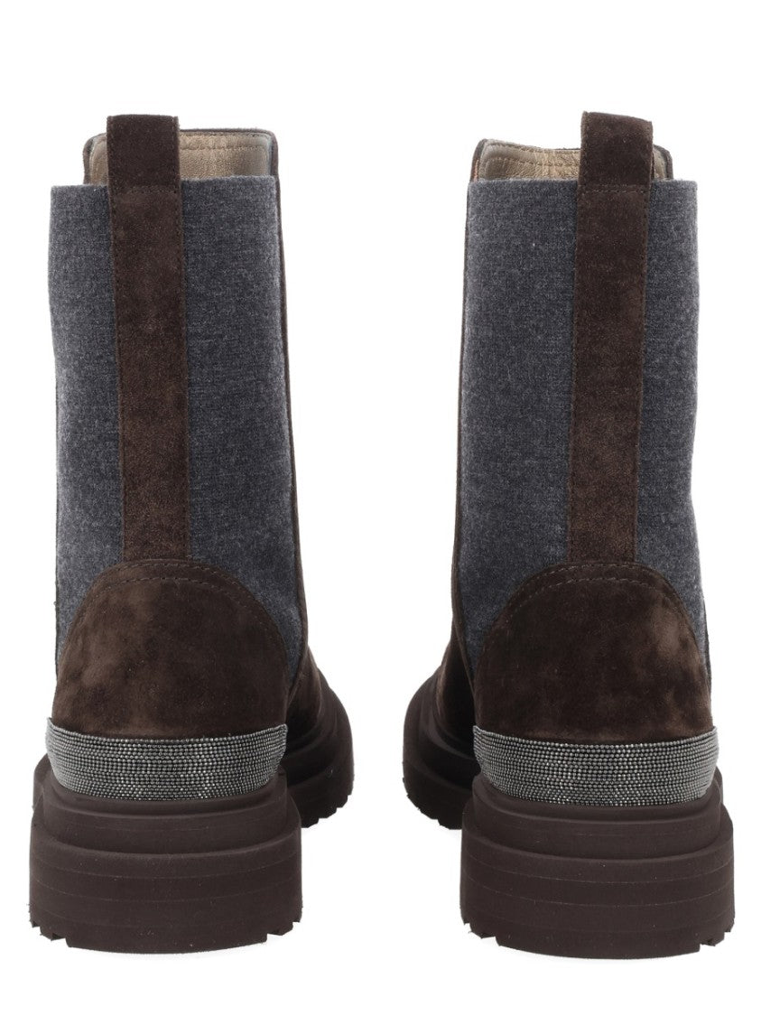 Brunello Cucinelli Suede Ankle Boots With Contrasting Fabric Panels