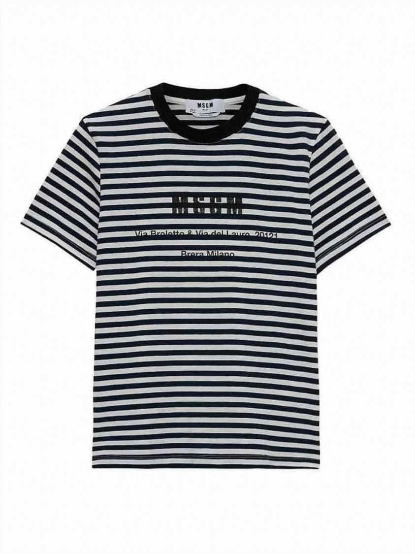 Msgm Horizontal Striped Short-Sleeve T-Shirt With Printed Logo
