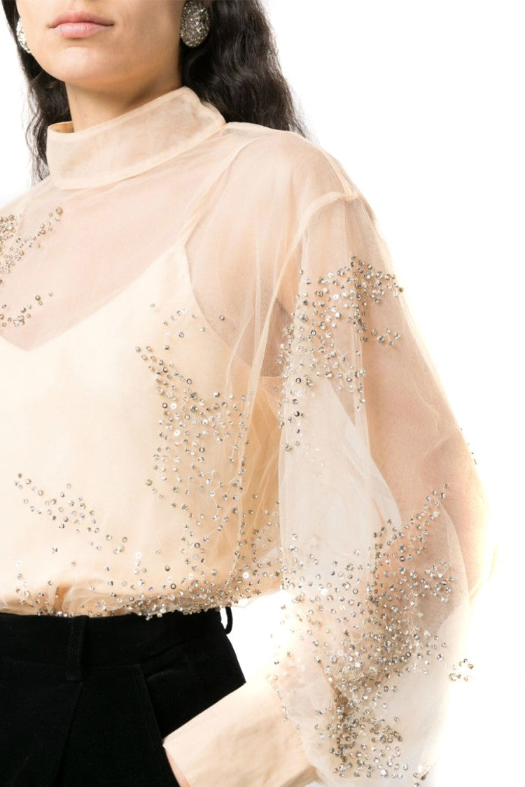 Des Phemmes Embellished Sheer Sweater With Puff Sleeves And Delicate Beading