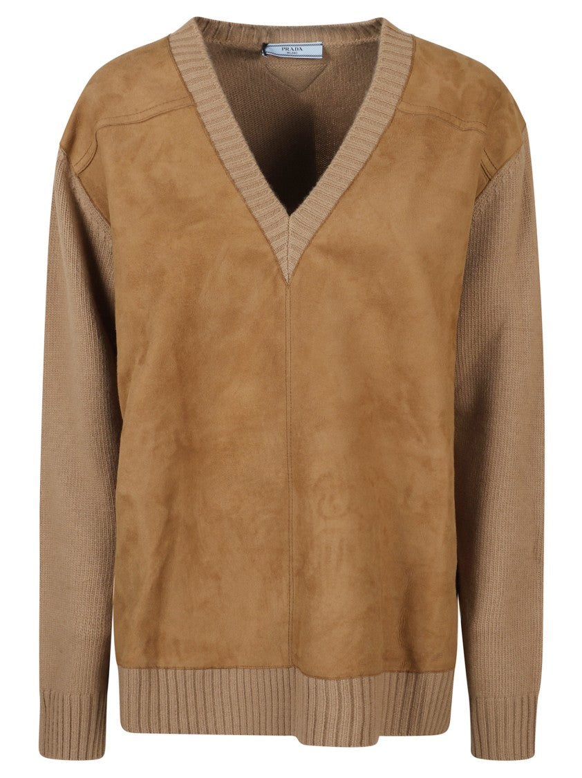 Prada Relaxed Fit Camel Sweater With Deep V-Neck And Suede-Like Accents