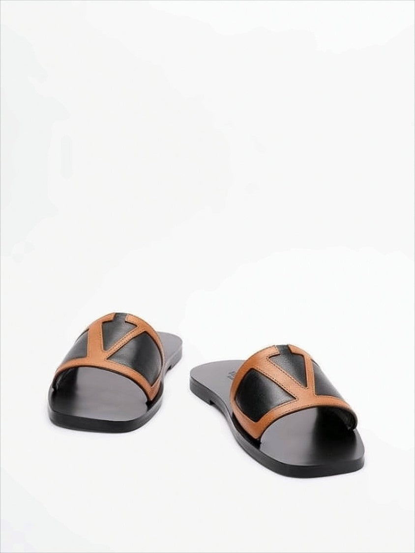 Valentino Leather Slide Sandals With Distinctive 'V' Design