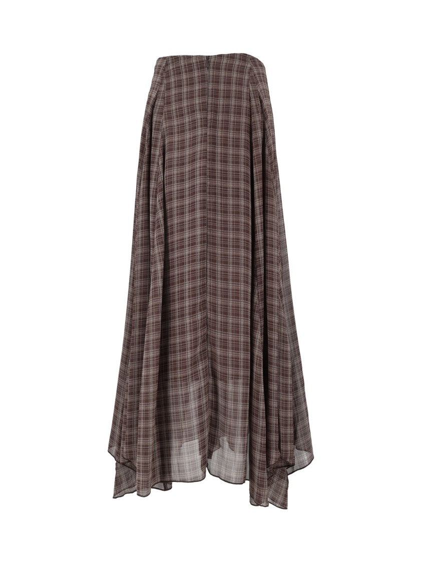 Eleh Brown Asymmetrical Plaid Midi Skirt
