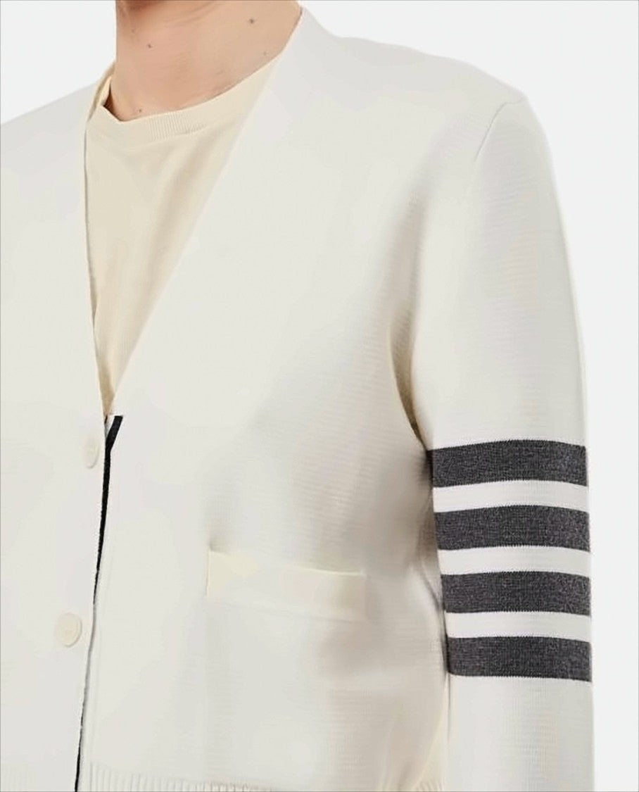 Thom Browne White Merino Wool Cardigan With V-Neckline And Button-Down Front