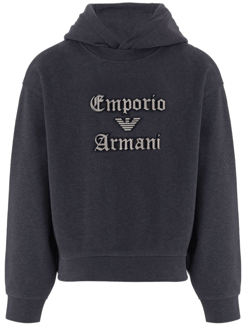 Emporio Armani Dark Gray Cotton Hoodie With Contrasting Logo Patch