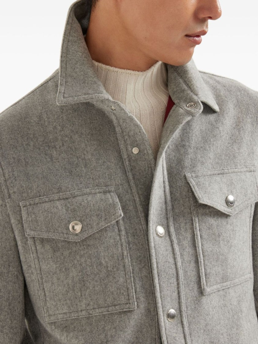 Brunello Cucinelli Grey Cashmere Point Collar Shirt Jacket