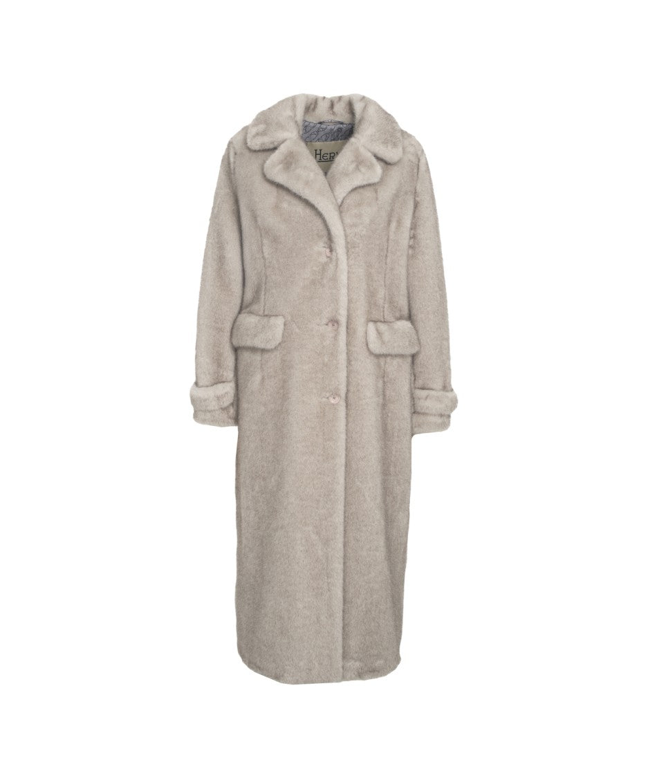 Herno Long Faux Fur Coat With Classic Collar And Button Closure