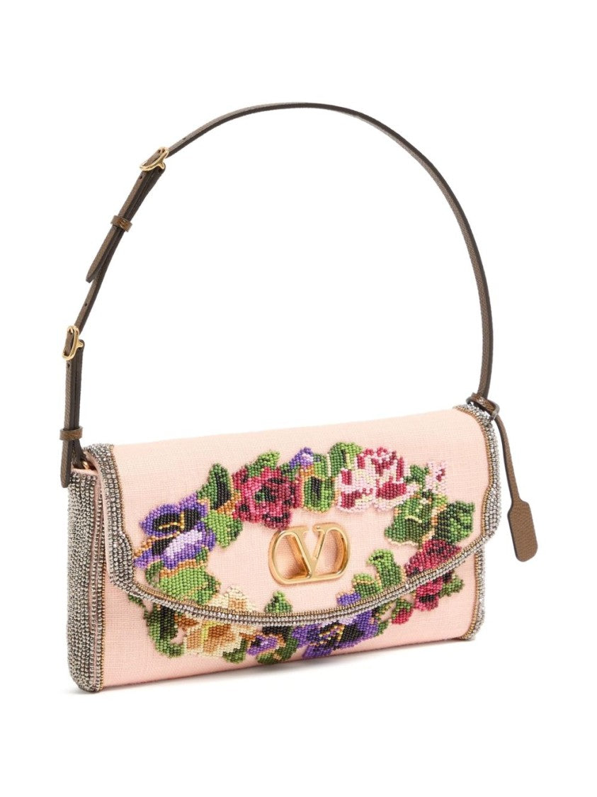 Valentino Garavani Structured Rectangular Bag With Floral Beadwork And Metallic Trim