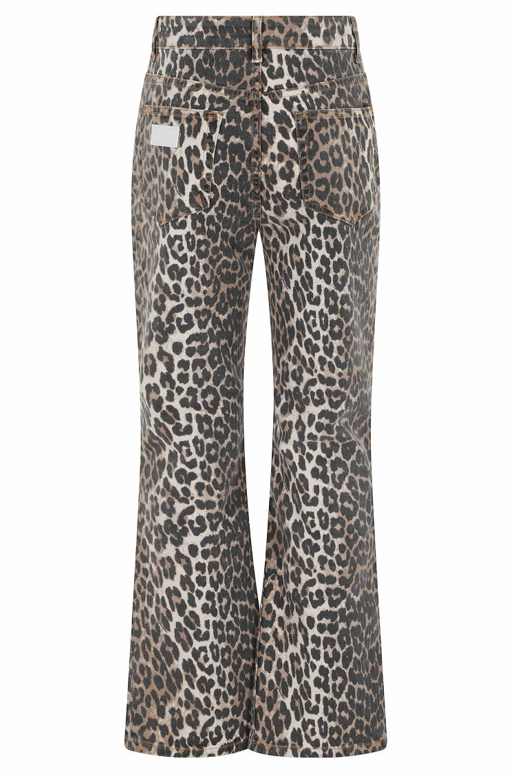 Ganni Leopard Print Denim Betzy Cropped Flared Cotton Jeans