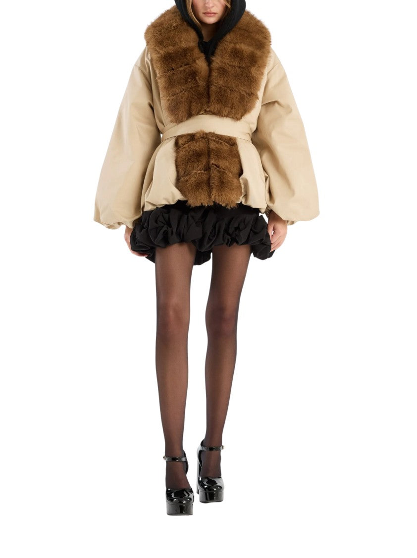 Rotate Voluminous Beige Jacket With Plush Fur Collar