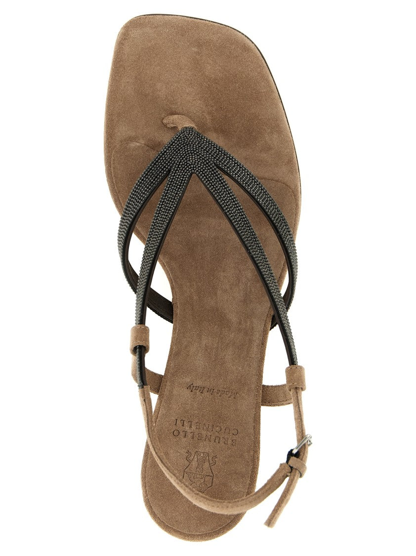 Brunello Cucinelli Suede Sandals With Monile Detail And Adjustable Strap