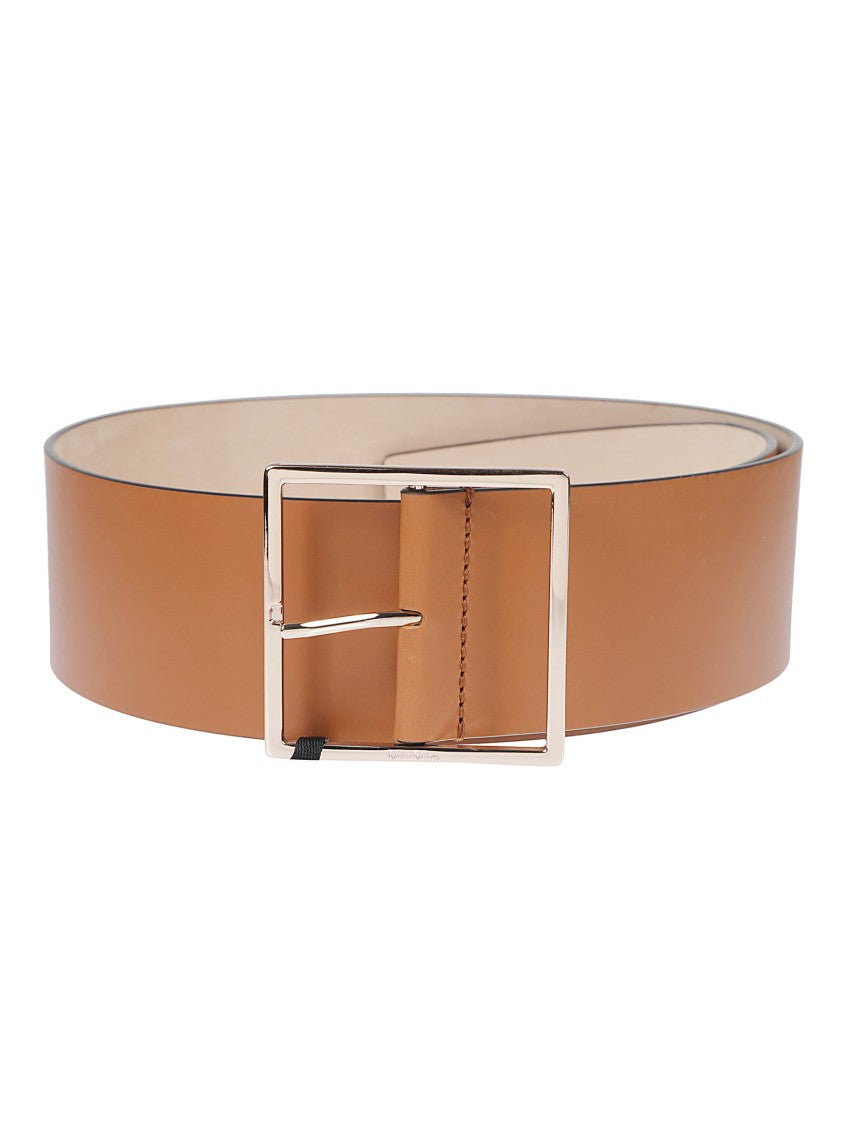 Max Mara Tan Leather Belt With Polished Rectangular Buckle