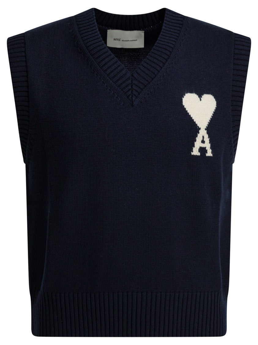 Ami Paris Sleeveless Deep V-Neck Knitwear Vest With Ribbed Details