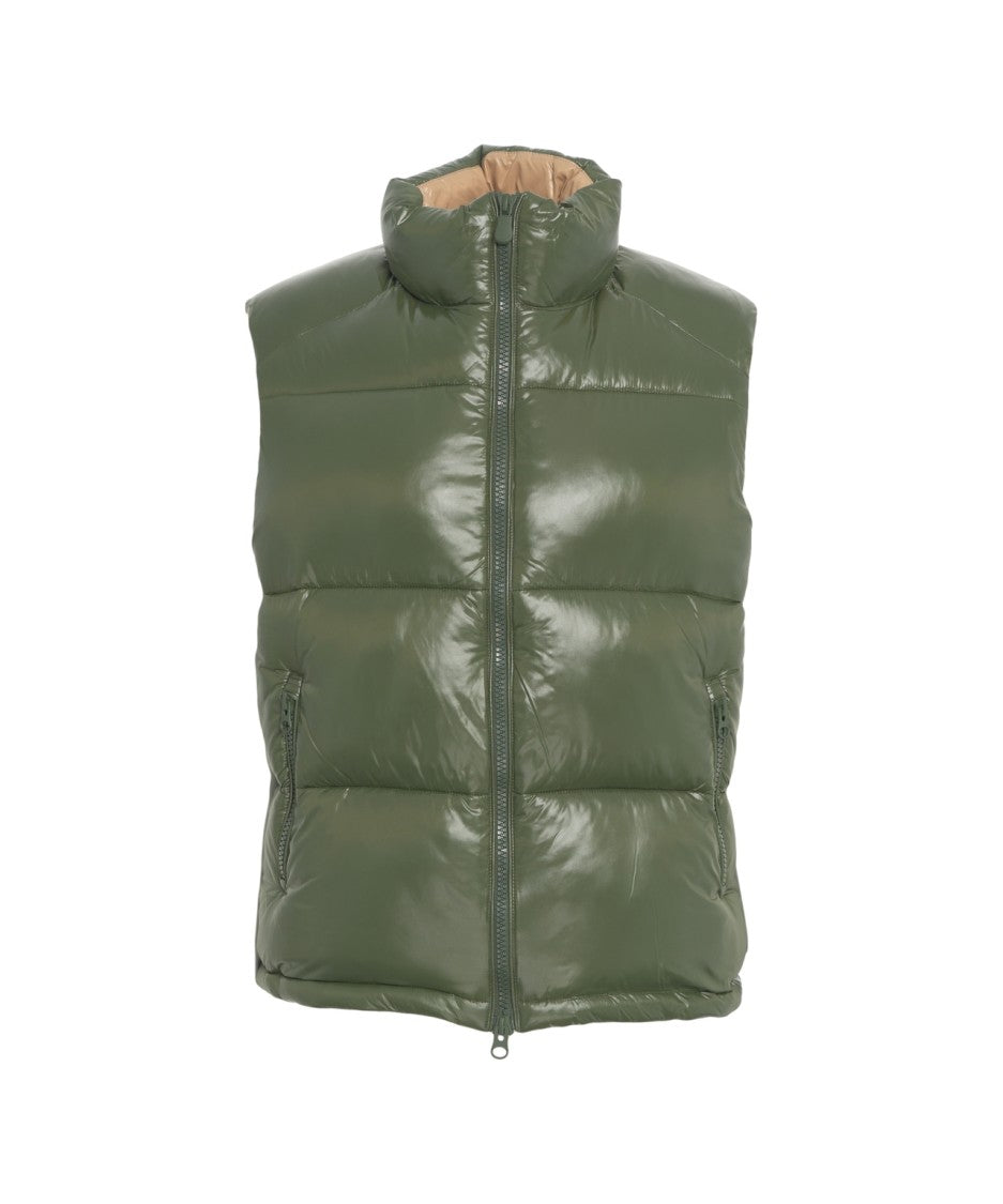 Save The Duck Quilted Green Waistcoat With High Collar And Double-Slider Zip
