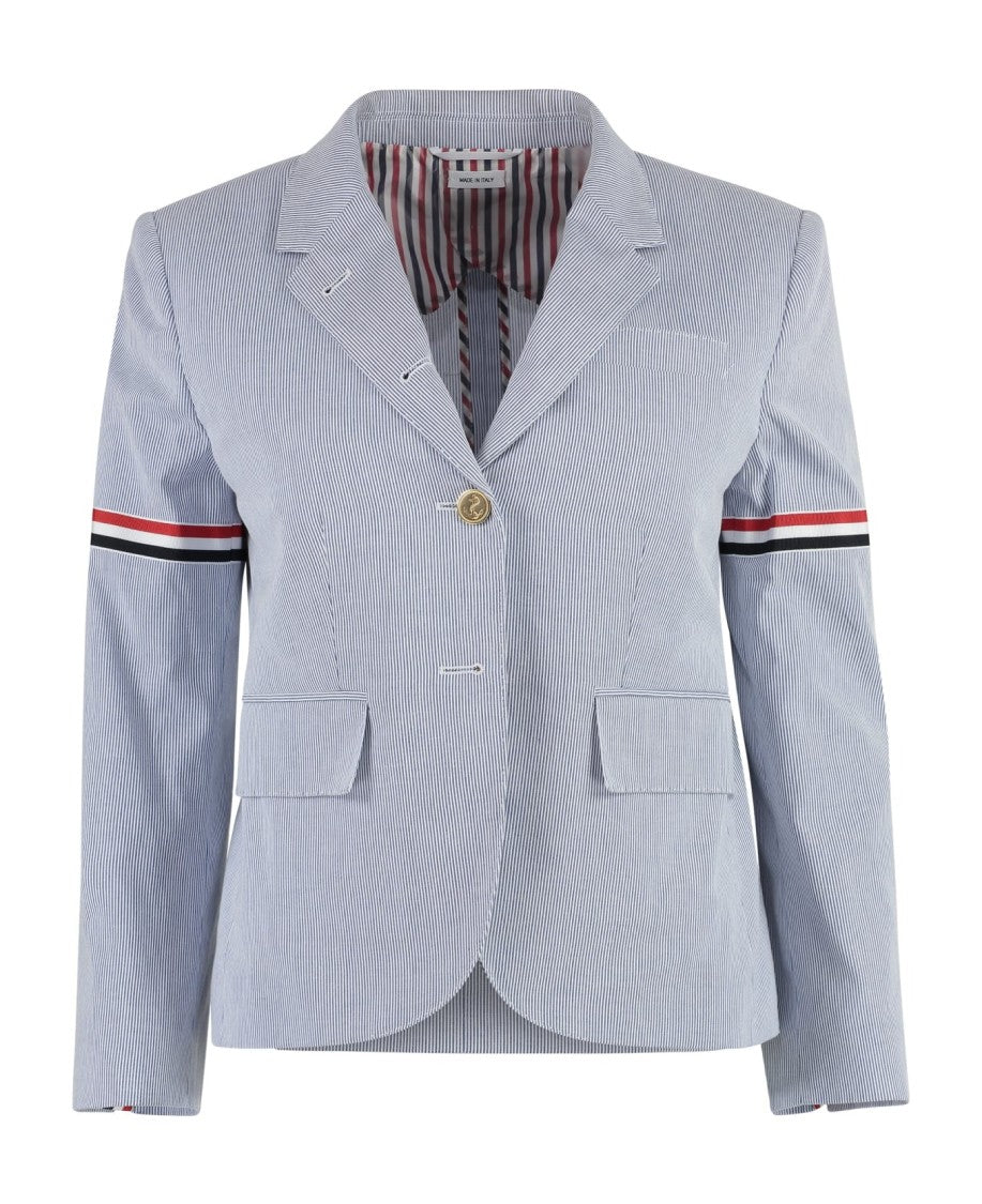 Thom Browne Tailored Light Blue Pinstripe Jacket With Striped Detail