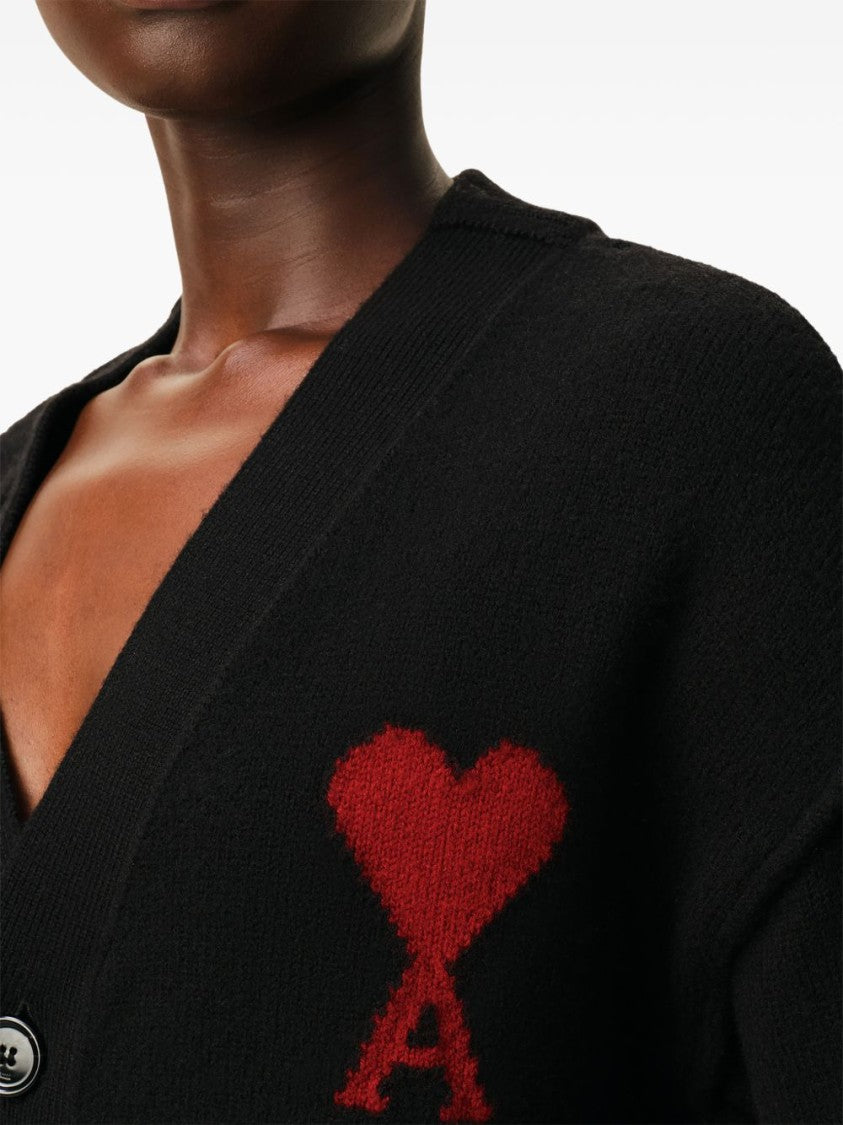 Ami Paris Black Knit Cardigan With V-Neck And Heart Detail