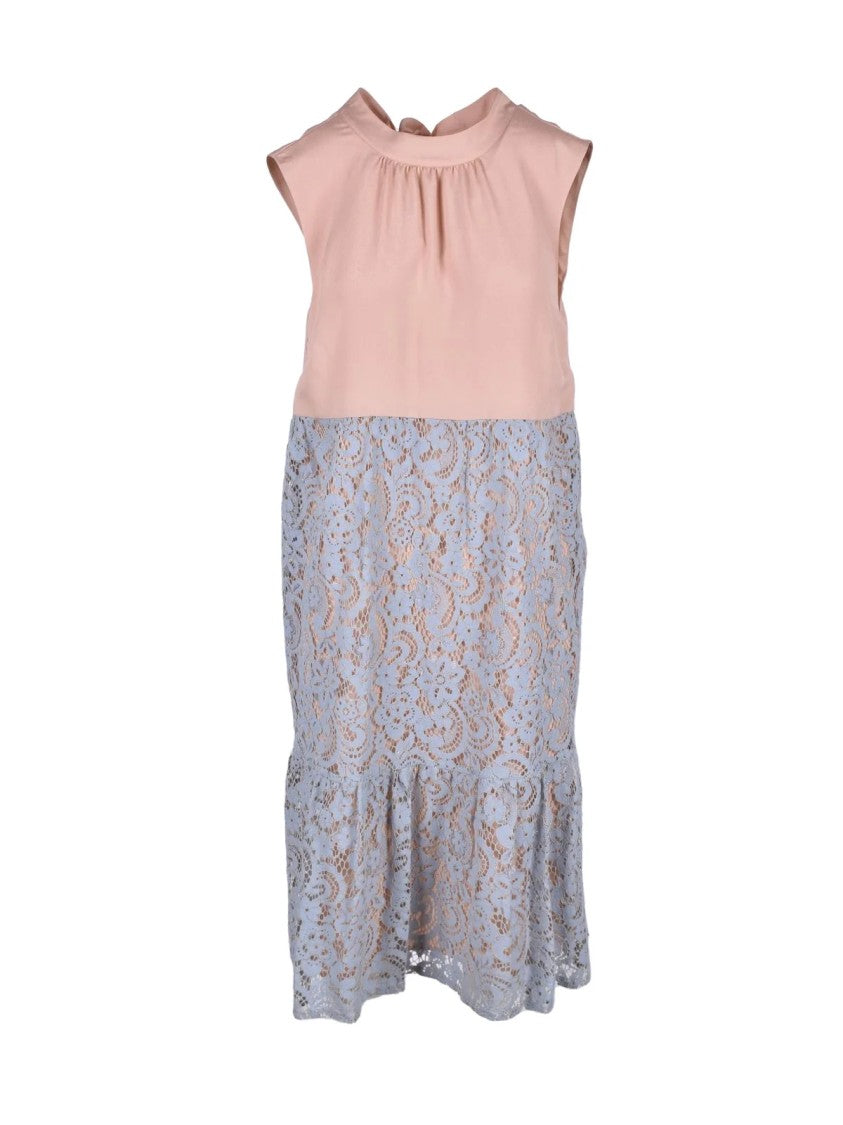 Semi Couture Sleeveless Light Blue And Pink Midi Dress With Lace Overlay