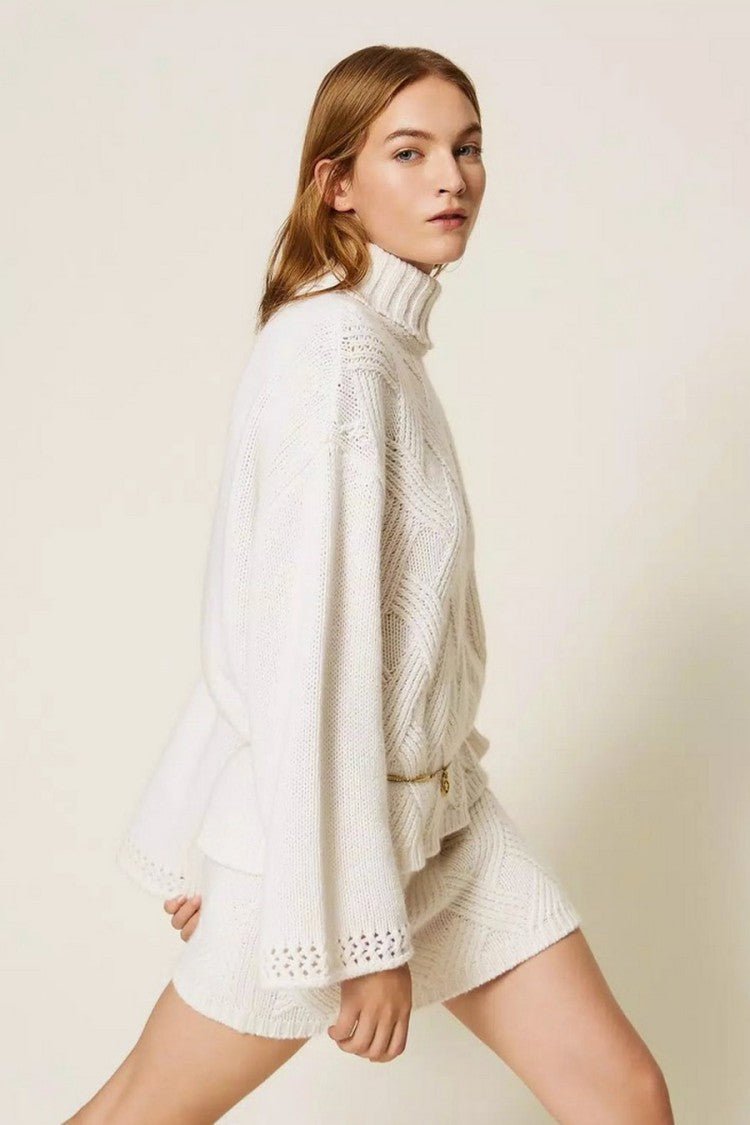 Twin-Set Cream Wide-Sleeve Roll-Neck Wool-Blend Sweater