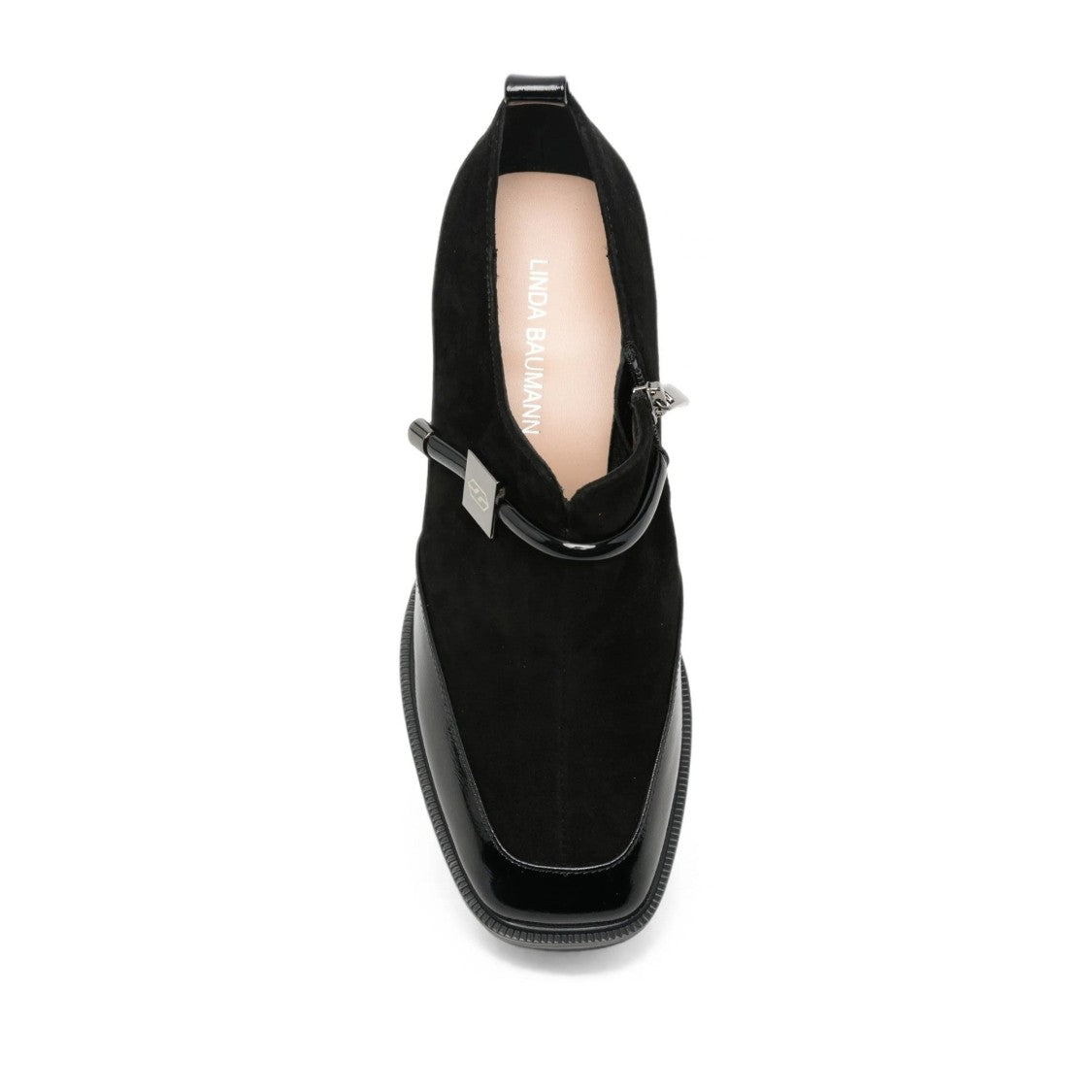 Linda Baumann Black Mid-Height Block Heel Glossy Accent Suede Dress Pumps