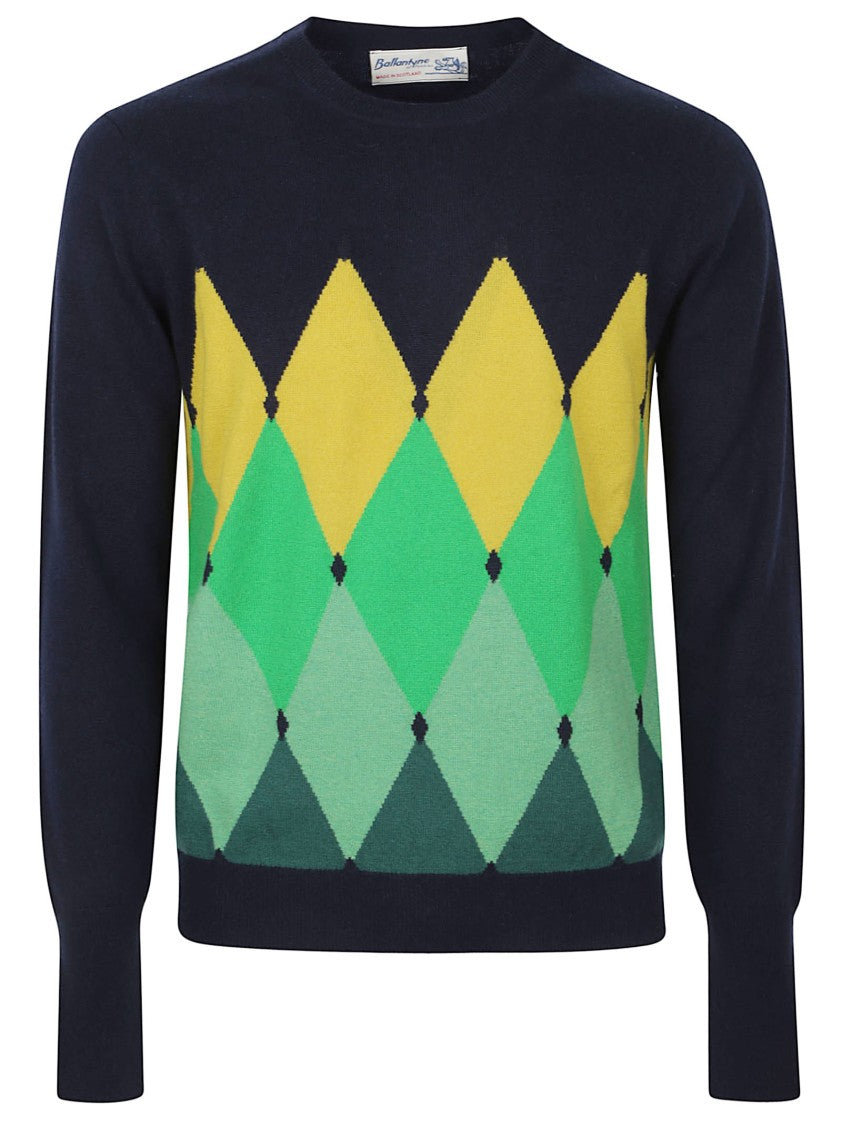 Ballantyne Argyle Pattern Crew Neck Sweater In Navy