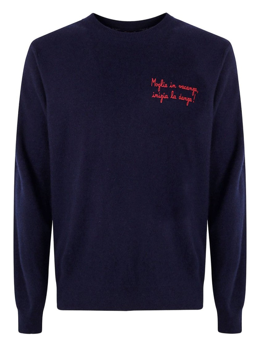 Mc2 Saint Barth Dark Blue Crew Neck Sweater With Red Embroidery