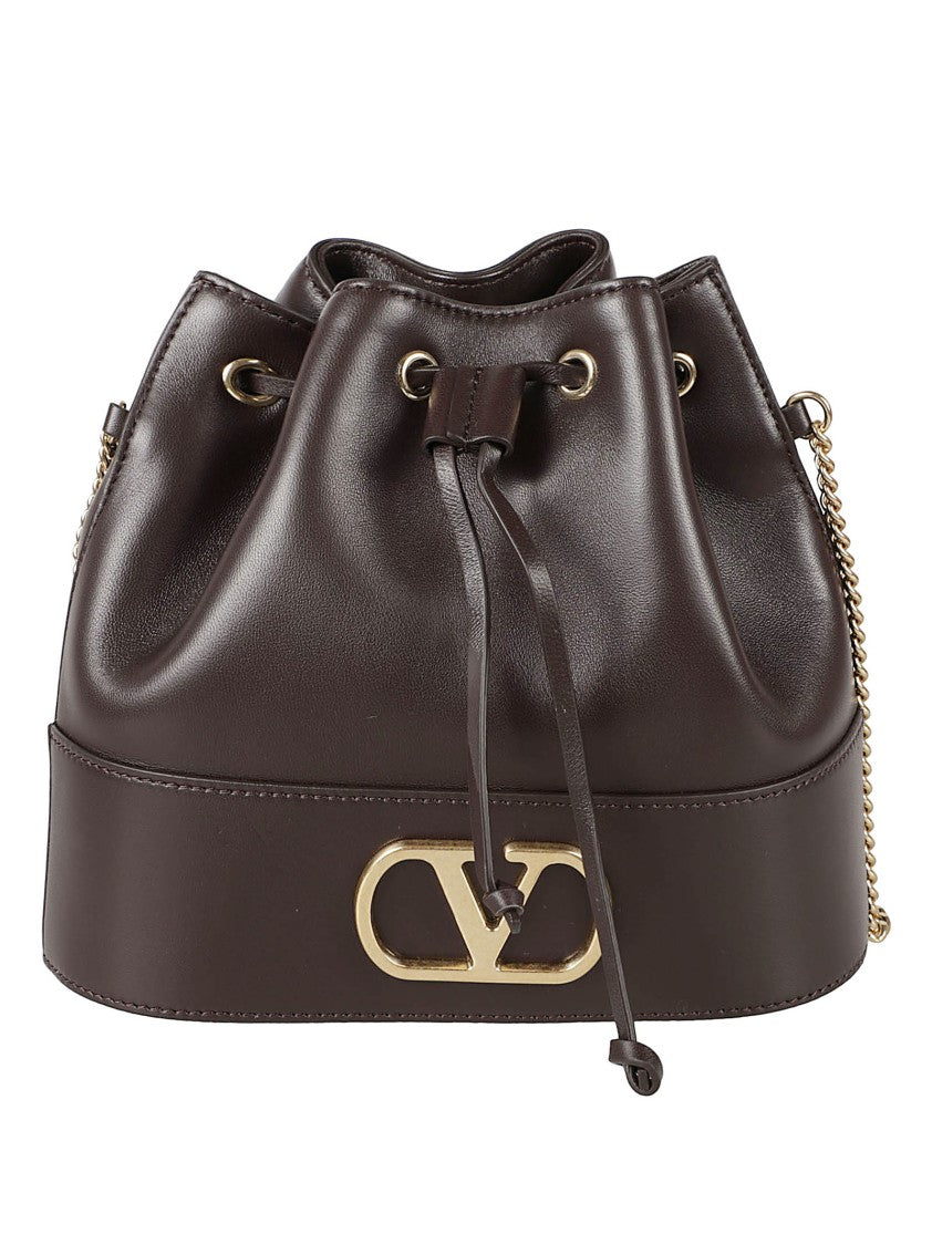 Valentino Garavani Structured Brown Bucket Bag With Gold Hardware