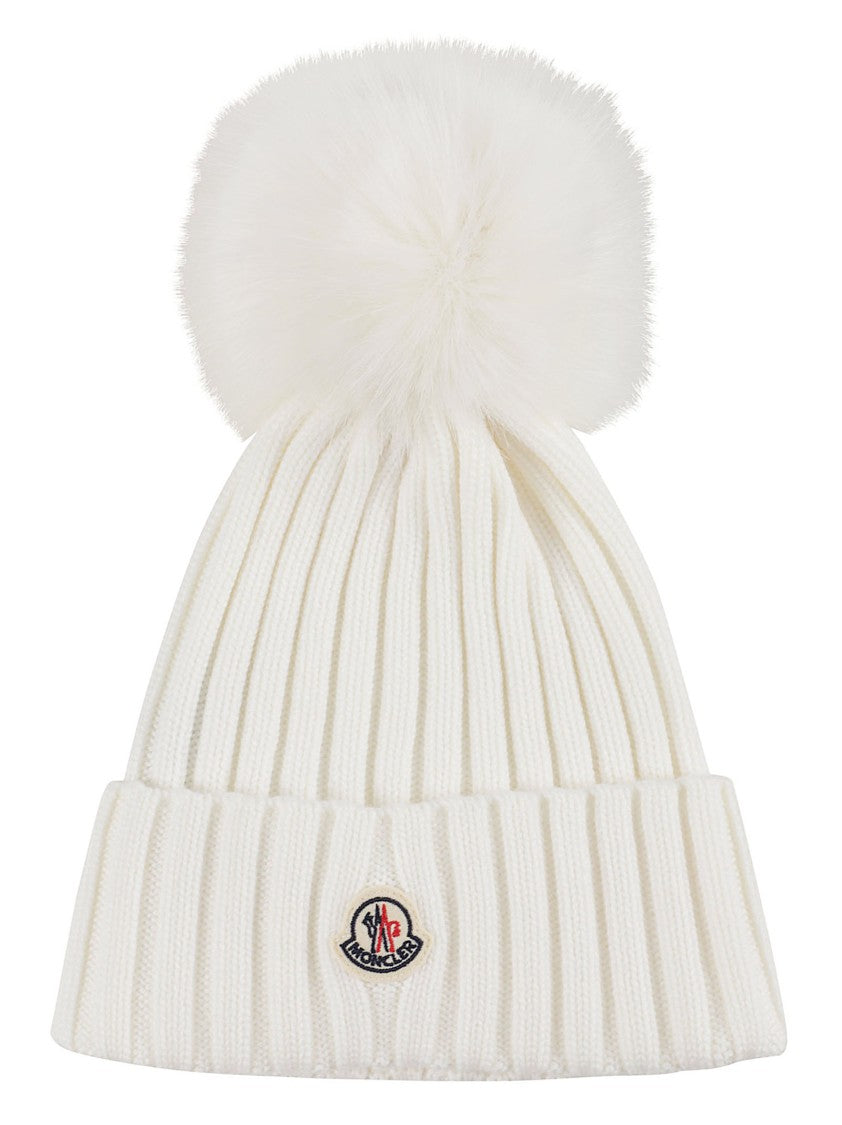 Moncler Tricot Ribbed Knit Fluffy Pom-Pom Logo Beanie