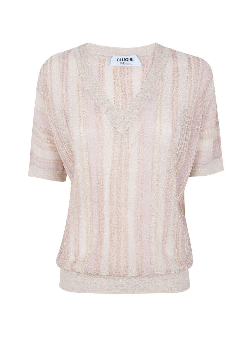 Blugirl Short-Sleeved V-Neck Sweater With Gold And Pink Stripes