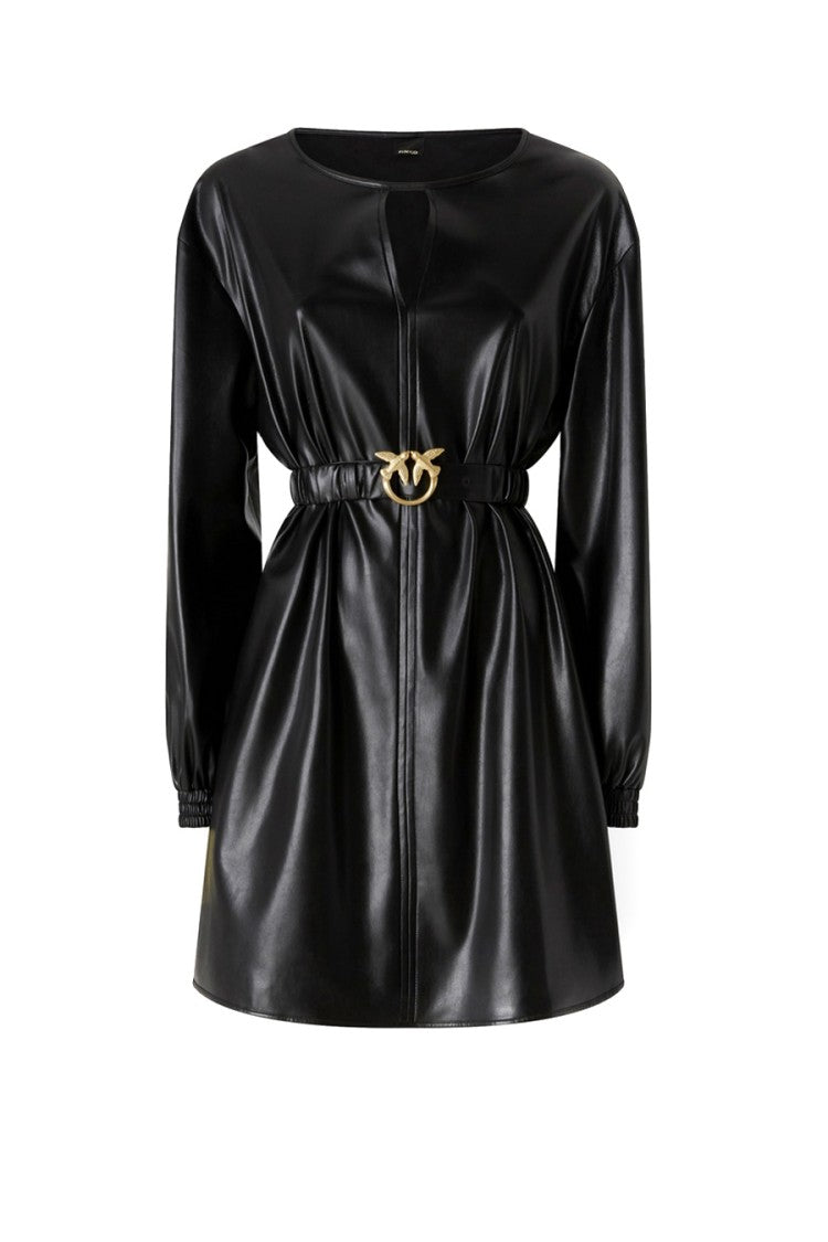Pinko Black Keyhole Love-Bird Buckle Faux Leather Mini Dress