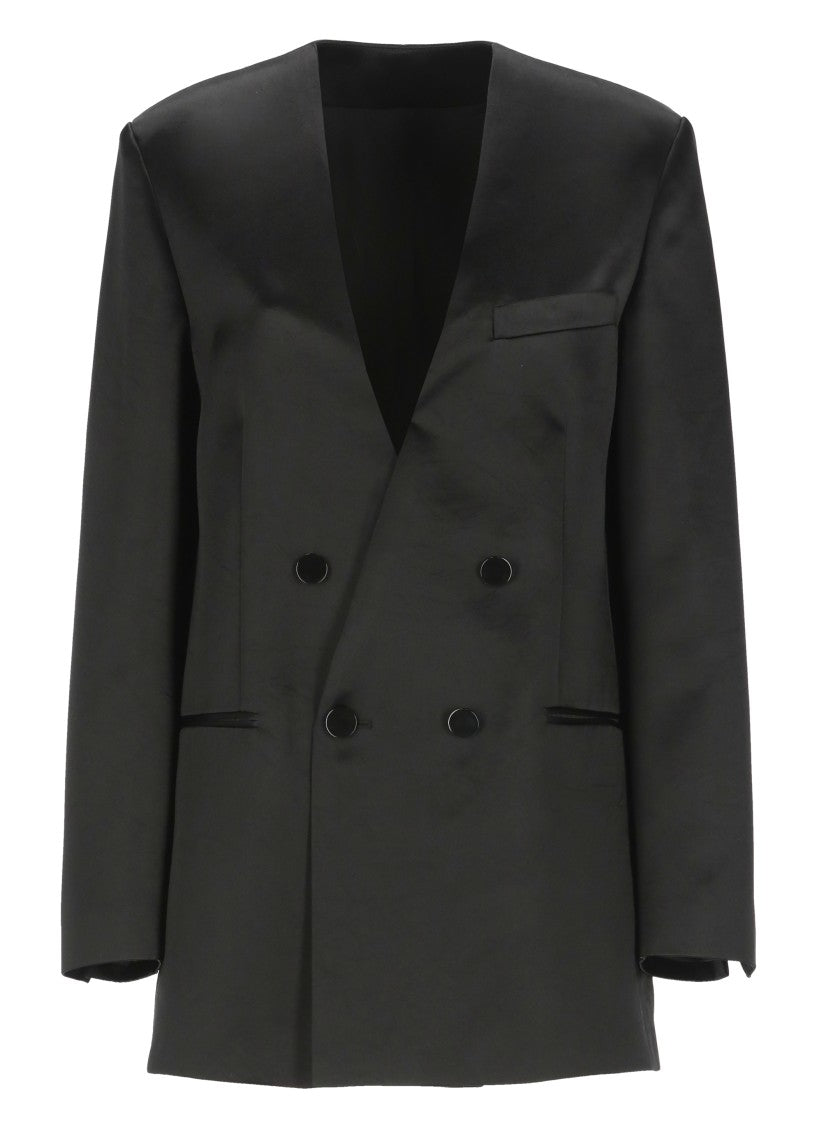 Philosophy Di Lorenzo Serafini V-Neck Satin Blazer With Double-Breasted Closure