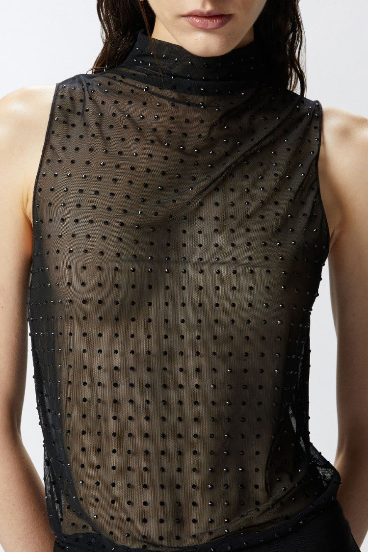 Pinko Black Laruns Rhinestone Embellished Nylon-Blend Tank Top