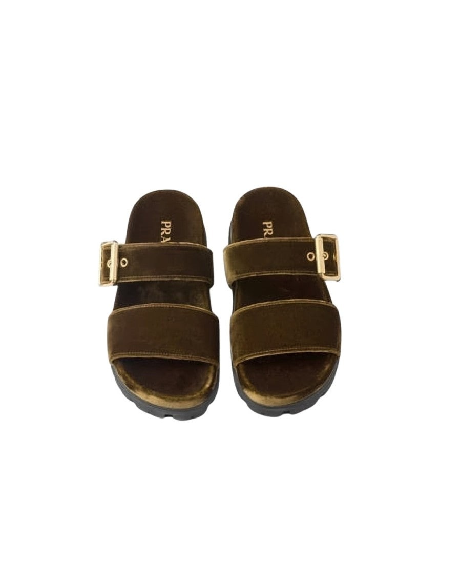 Prada Brown Velvet Mules With Gold-Tone Buckles