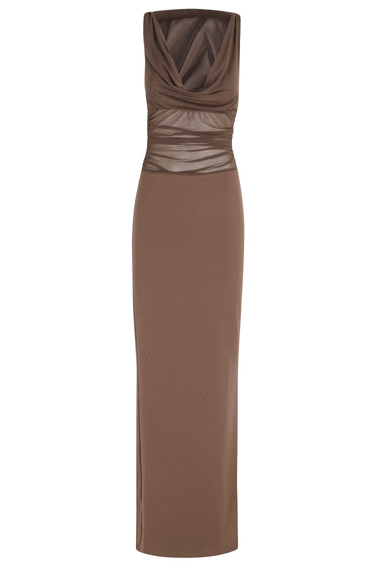Seroya Brown Marla Semi-Sheer Draped Polyester Maxi Dress