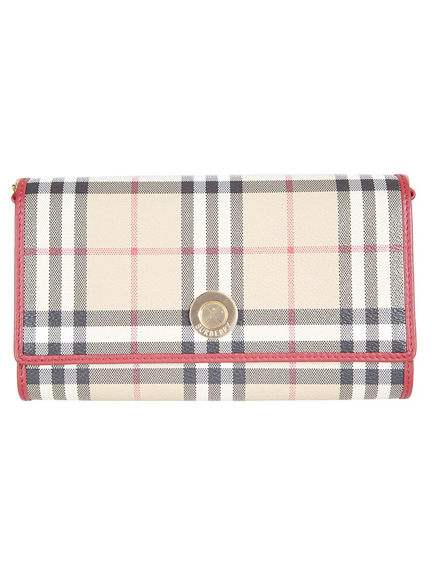Burberry Checkered Wallet With Gold Emblem And Chain Strap