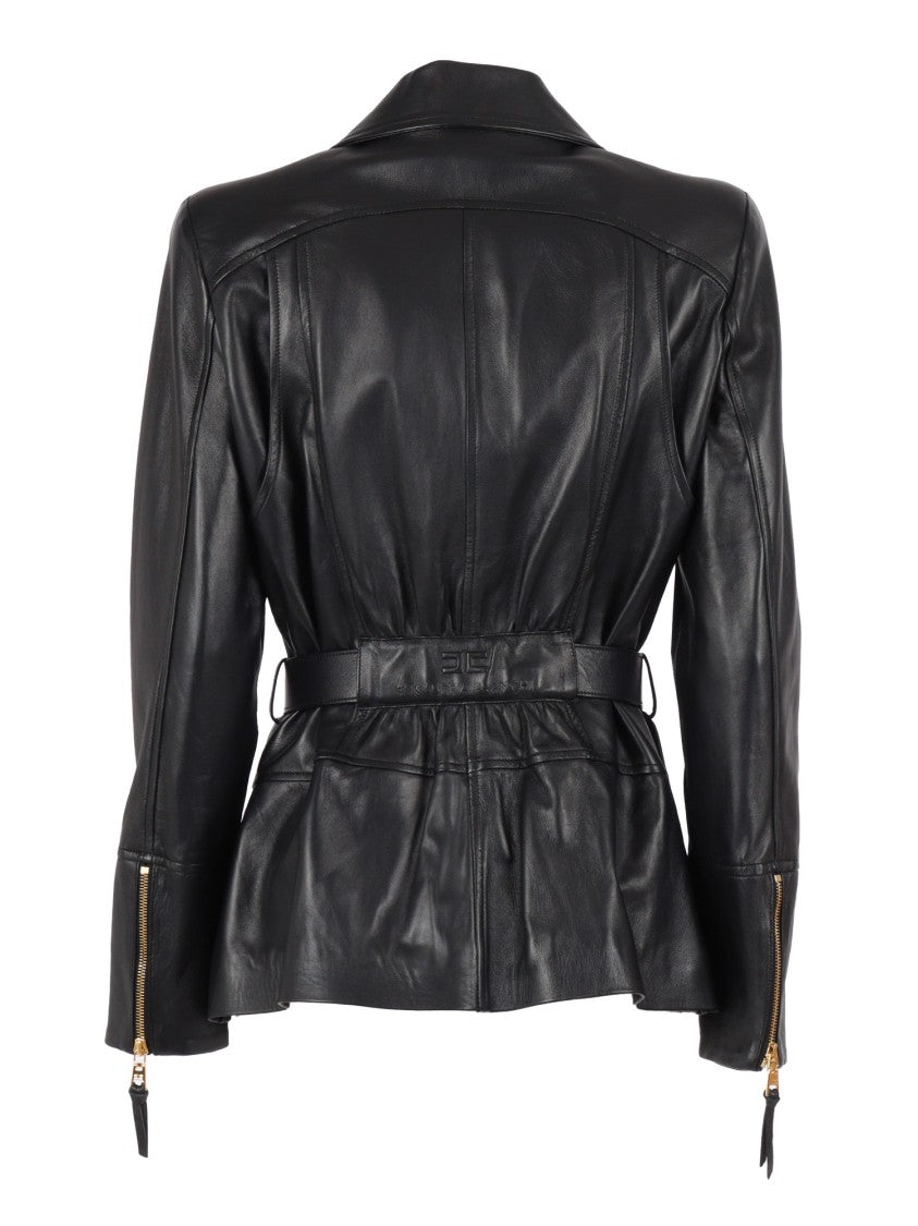 Elisabetta Franchi Fitted Sheepskin Leather Jacket With Belted Waist