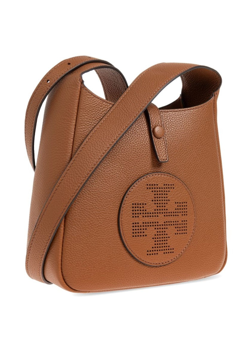 Tory Burch Structured Medium Brown Pebbled Leather Bag With Logo Detail