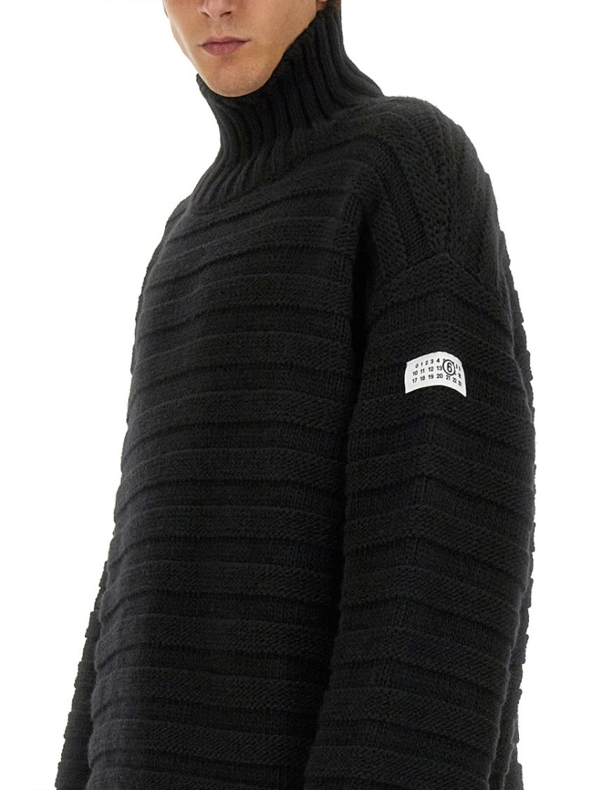 Mm6 By Maison Margiela High Neck Textured Knit Sweater With Distressed Details