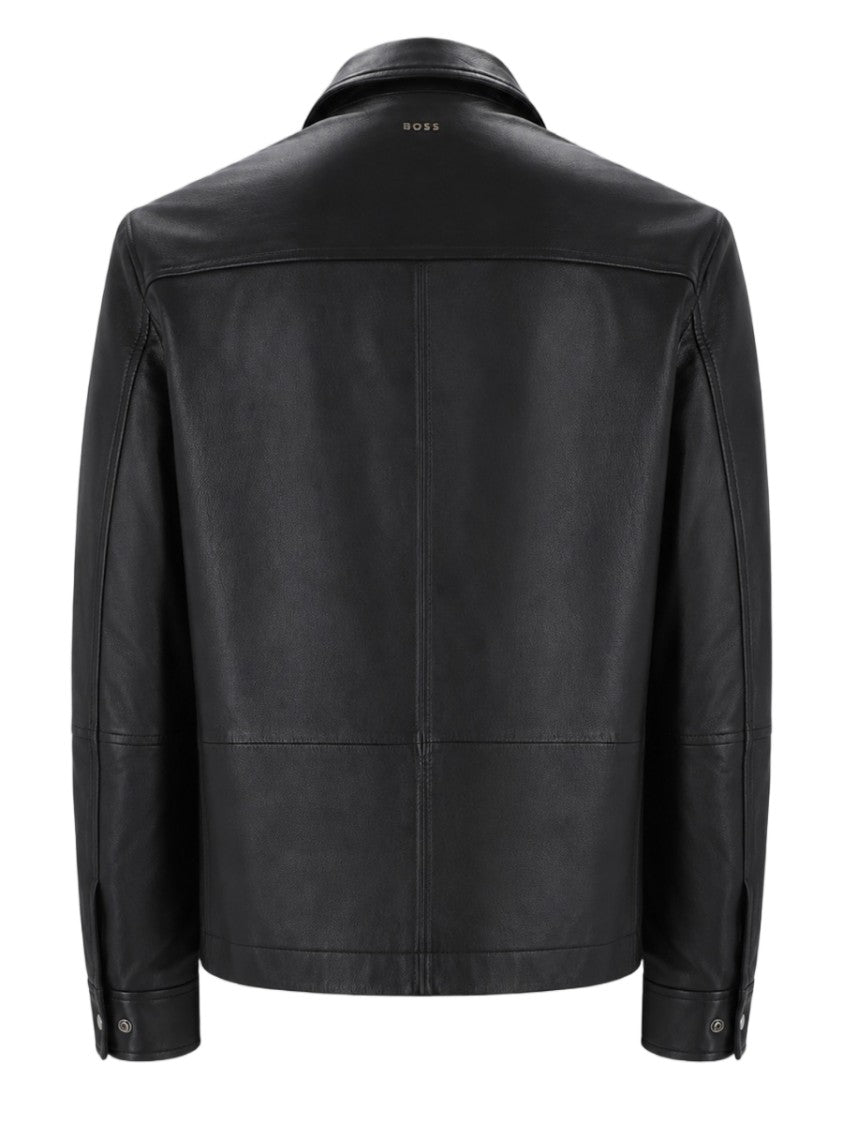 Boss Sleek Black Leather Jacket With Classic Collar And Snap Closure