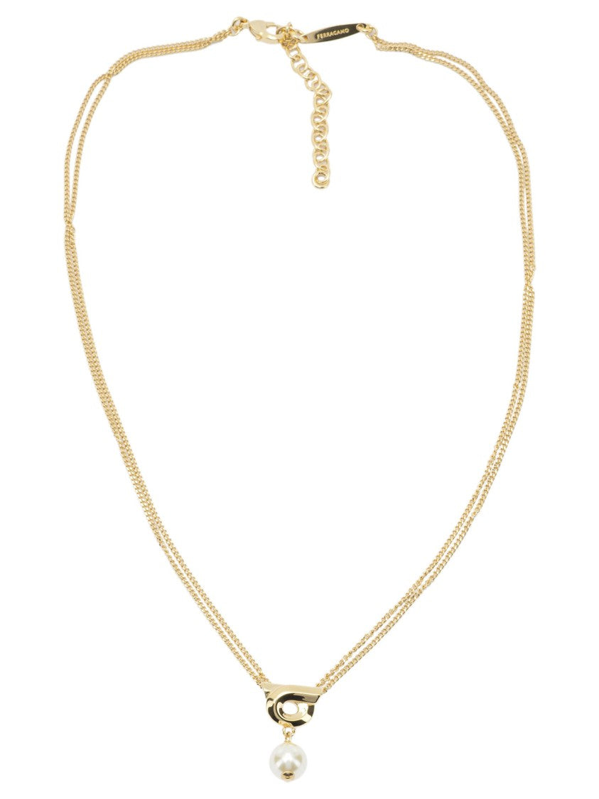 Ferragamo Gancini Pendant Necklace With Dual Brass Chain