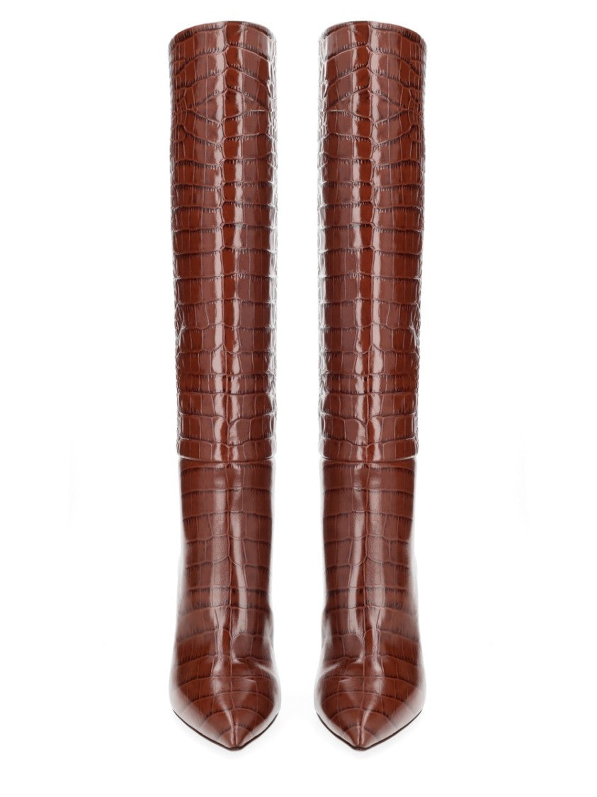 Paris Texas Brown Crocodile-Embossed Calfskin Stiletto Boots