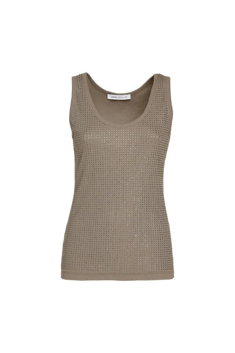 Simona Corsellini Taupe Embellished Scoop-Neck Tank Top